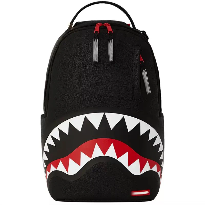 Sprayground Solid Black Red Shark Backpack Waterproof PU Leather Laptop School Travel Bag