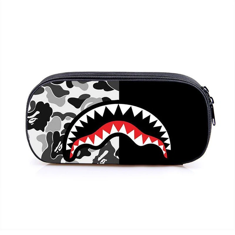 Hip‑hop Shark Mouth Camo Print Pencil Case, Large Capacity Zipper Pen Bag Street Style School Stationery for Teens