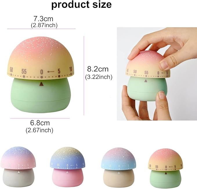 Mechanical Kitchen Timer, Cute Mushroom Timer for Kids, Wind Up 60 Minute Manual Countdown Timer for Classroom, Home, Study and Cooking (Grey Base)
