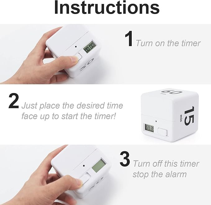 Feilifan Cube Timer, Productivity Cube Rotating Timer for Kitchen Studying Workout Classroom Kids ADHD 1-3-5-10 Minute Preset, White