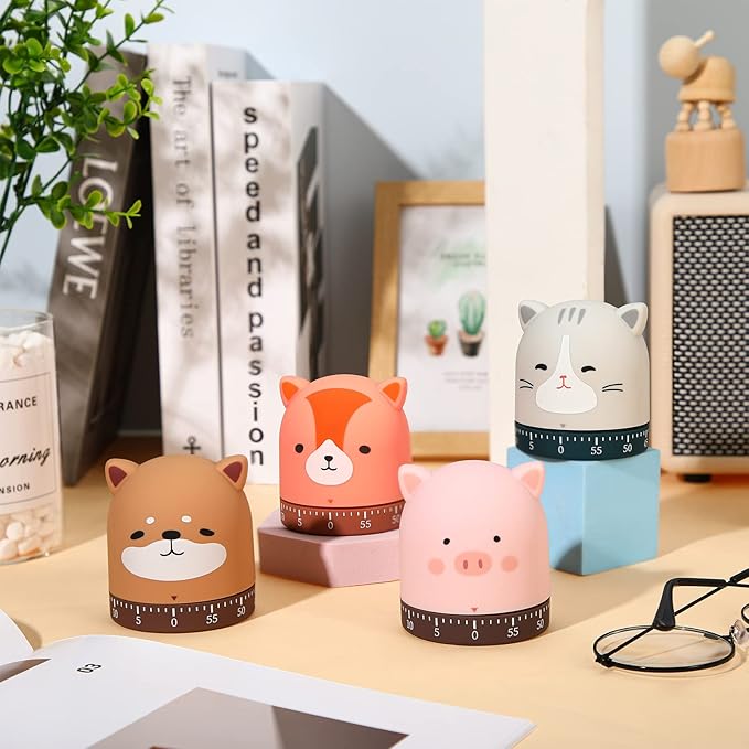 Queekay 4 Pcs Kitchen Cooking Timer Animal Mechanical Timer 60 Minute Wind up Dial 360° Rotating Countdown Egg Reminder No Batteries Loud Ring Cartoon Alarm for Kids Time Management, Fox Pig Cat Dog