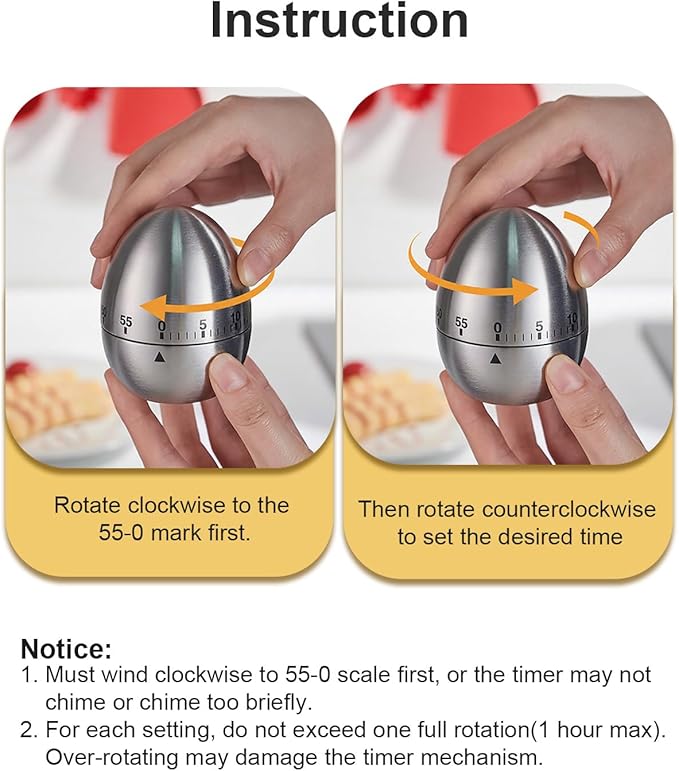 Kitchen Timer for Cooking, 60 Minutes Mechanical Timer - No Batteries Required, Stainless Steel Egg-Shape Cute Countdown Clock for Cooking, Learning, Exercises, Gaming