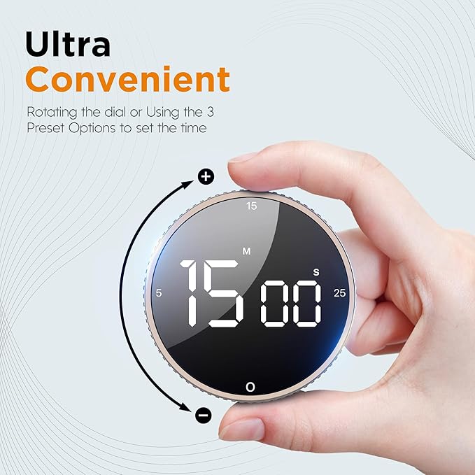 Upgrade Digital Kitchen Timer - Magnetic Countdown Countup Visual Pomodoro Timer with Large LED Display, 3-Preset Times (5, 15, 25), 3 Volume Levels, Ideal for Cooking, Baking and Fitness (2, Tarnish)