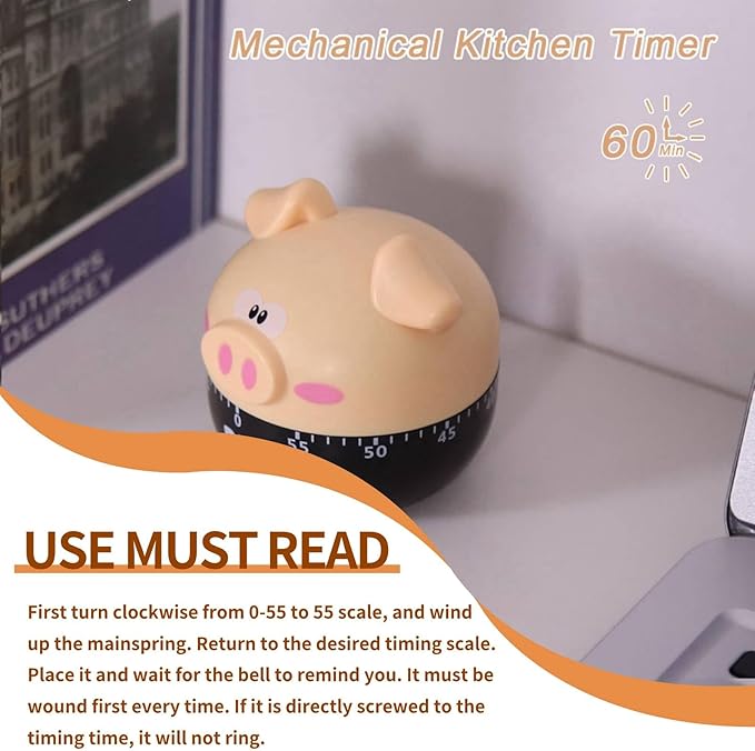 Cute Kitchen Timer, Piggy Wind up Timer Cooking Manual Kitchen Funny Mechanical Rotating Alarm for Kitchen Cooking Baking(Khaki)