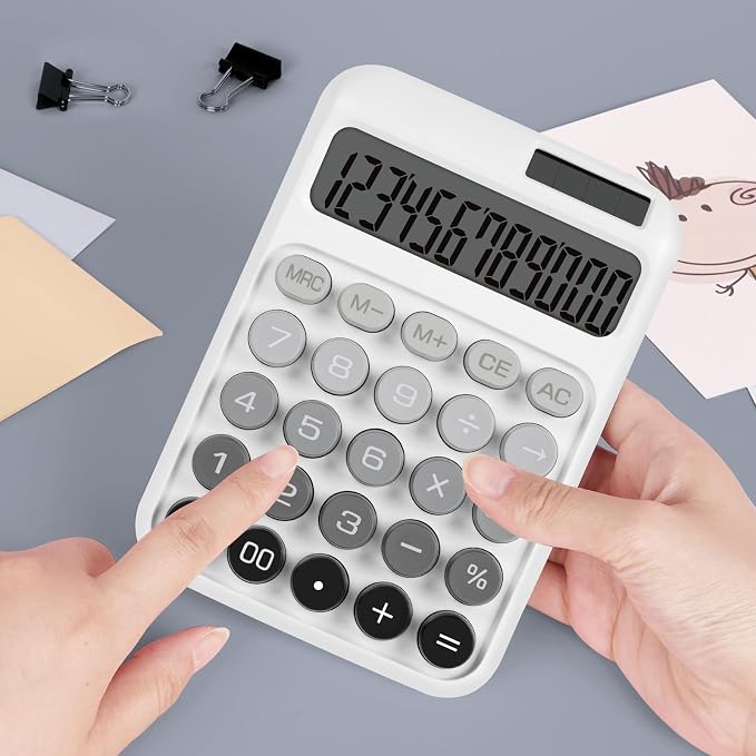 Mechanical Switch Calculator with Big Buttons, Calculators Desktop | 12 Digits, Solar Battery Power, Desk Calculator, Large LCD Display, Cute White Calculators for Teachers Students Basic Office