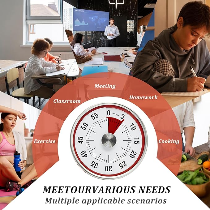 Kitchen Timer for Cooking,Chef Cooking Timer Clock,Visual Timers,60-Minute Countdown,Magnetic Base, Mechanical Clockwork,No Batteries Required,Ringer Alert,Timers for Kitchen/Study/Work/Gym,Red