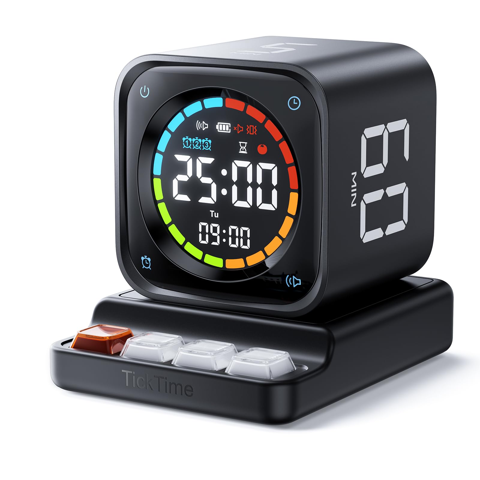 Ticktime TK3 Pomodoro Timer Cube | 25/5 Presets, Custom Countdown, 3 Alarms, Silent/Vibrate Alerts
